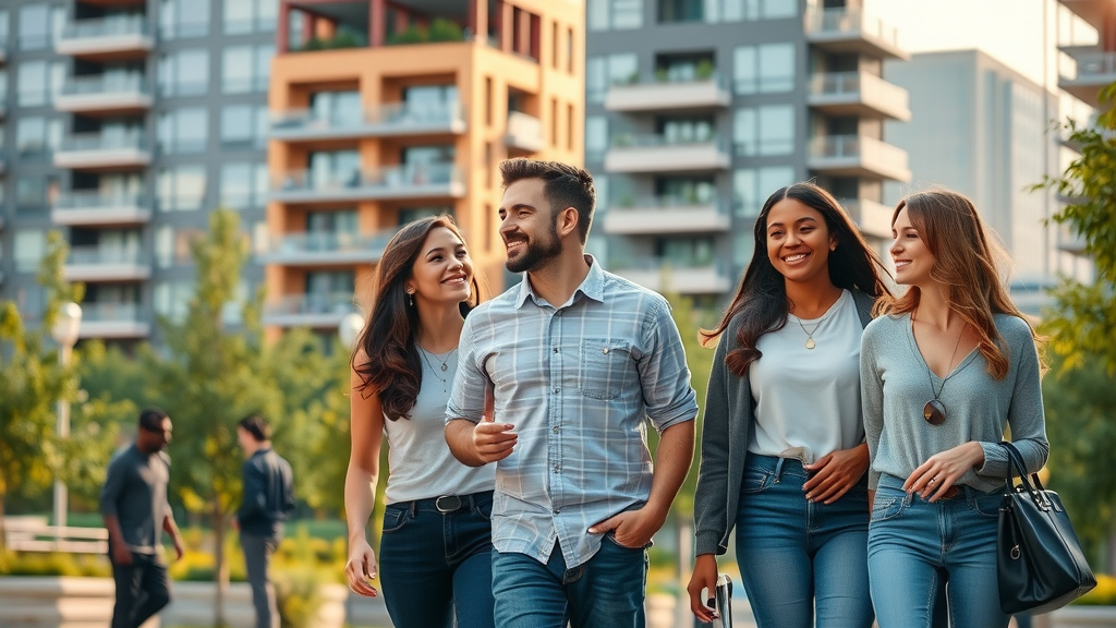 Vibrant Charlotte cityscape with young professionals in front of affordable apartments Charlotte, modern buildings and green spaces, natural morning sunlight