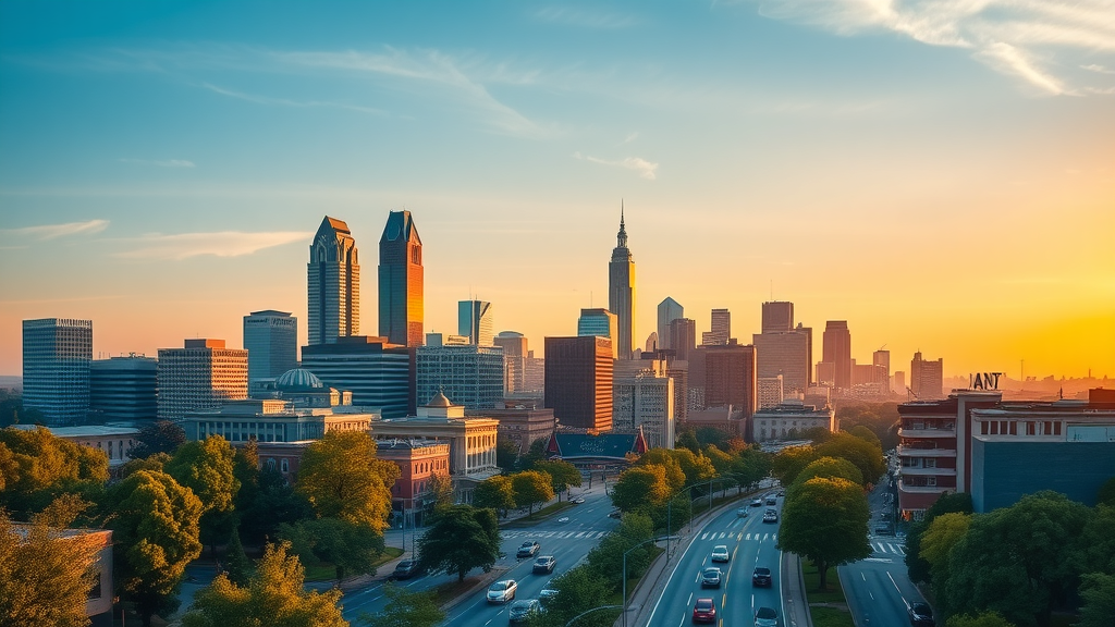 vibrant Charlotte city skyline basking in the golden glow of sunrise, urban living in Charlotte