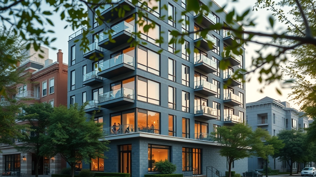 modern luxury urban apartment building South End Charlotte NC, residents on balconies, tree-lined street