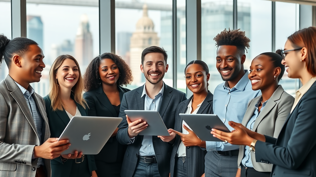 Diverse group of professionals in Charlotte, collaborating with city skyline; job market, Queen City, good place to live