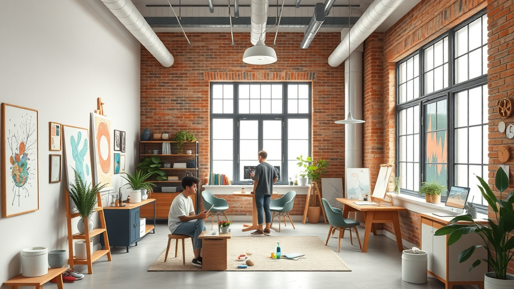 Contemporary amenities space in a South End Charlotte apartment complex, with communal studio, exposed brick, creative decor and young artists, ideal for art lovers looking for Charlotte apartments near galleries.