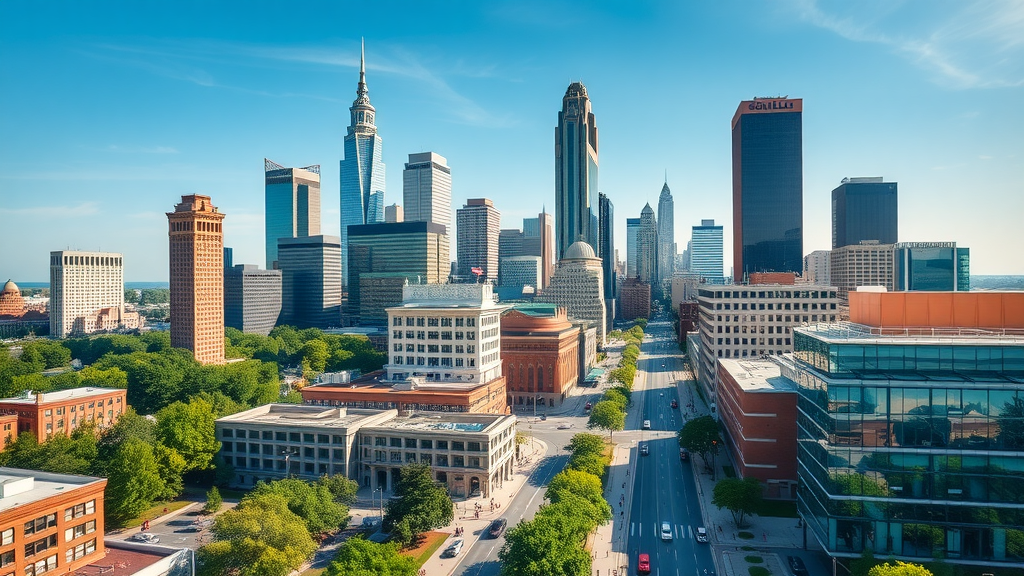 Vibrant aerial cityscape of Charlotte’s financial district, showcasing skyline with modern skyscrapers and busy streets, energetic residents and professionals. Financial district real estate charlotte.