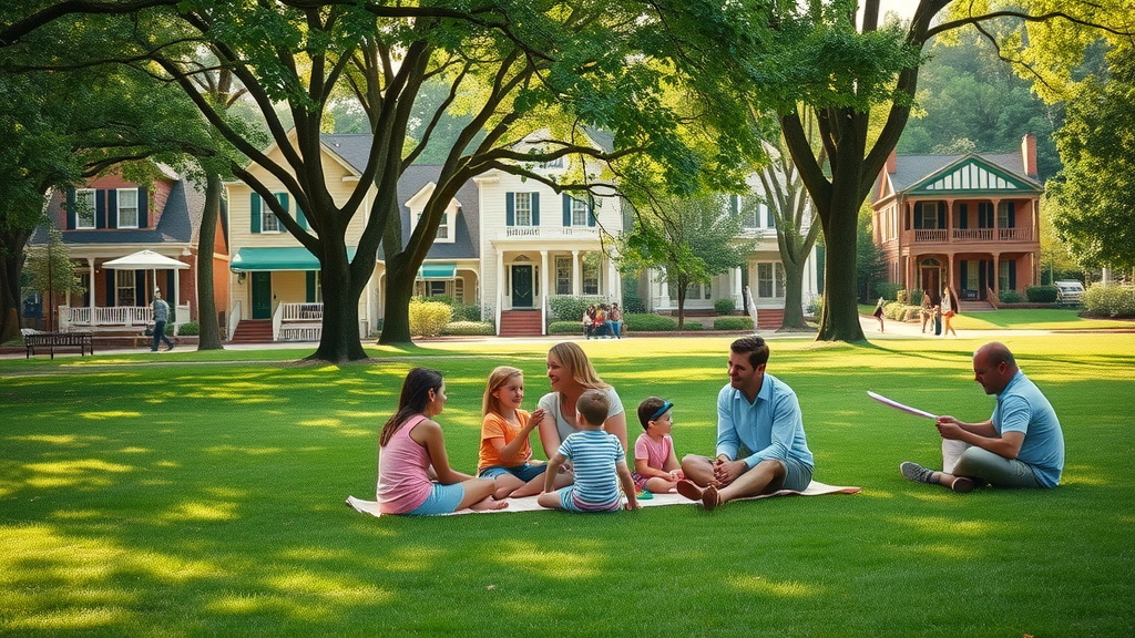 historic Myers Park Charlotte NC, leafy park, families, upscale homes, children playing, urban living
