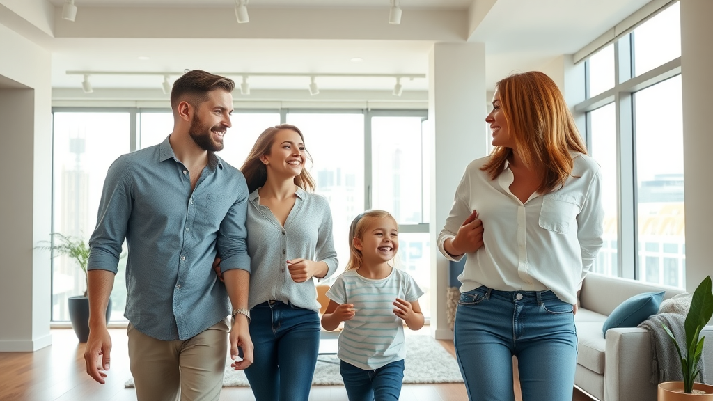 Excited young family exploring a modern Charlotte rental, smiling, city apartment, charlotte rental neighborhoods
