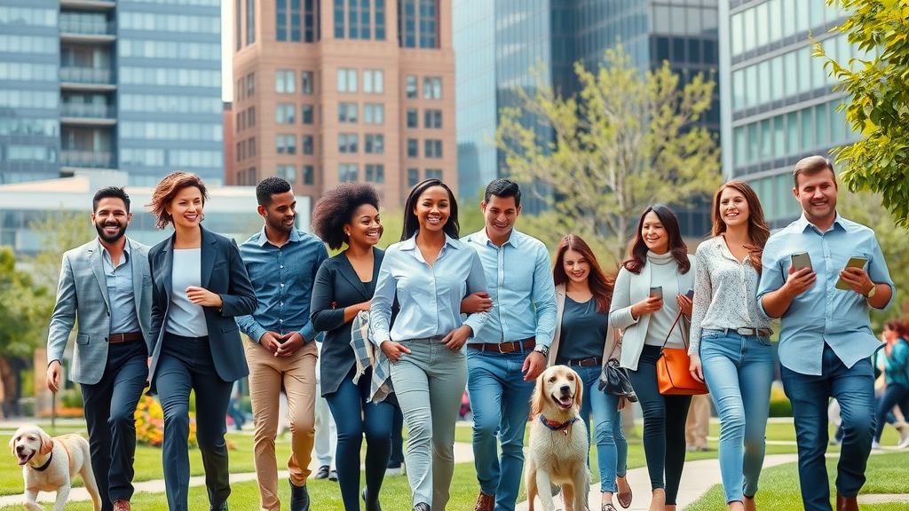 Diverse group of professionals and families in a park in uptown Charlotte financial district housing charlotte