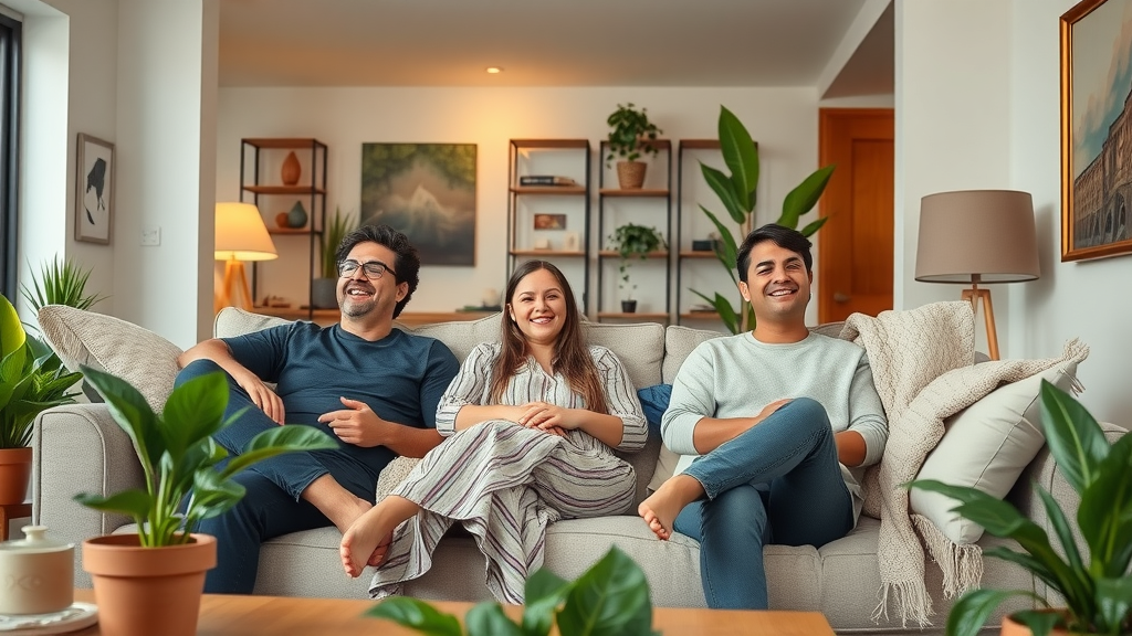 interior of affordable apartment in Charlotte, stylish living room, happy renters enjoying space