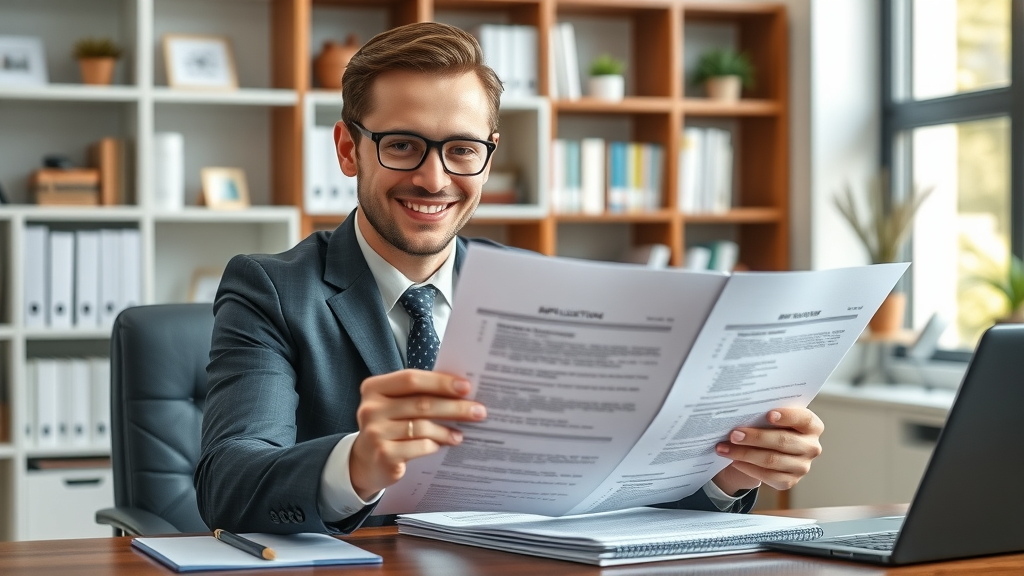 determined professional reviewing resume and references for state government job in Charlotte, neat office, career change preparation