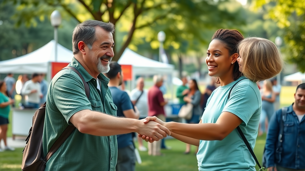 charlotte community guide: Friendly newcomers meeting at a volunteer event, lively city park setting, cheerful expressions