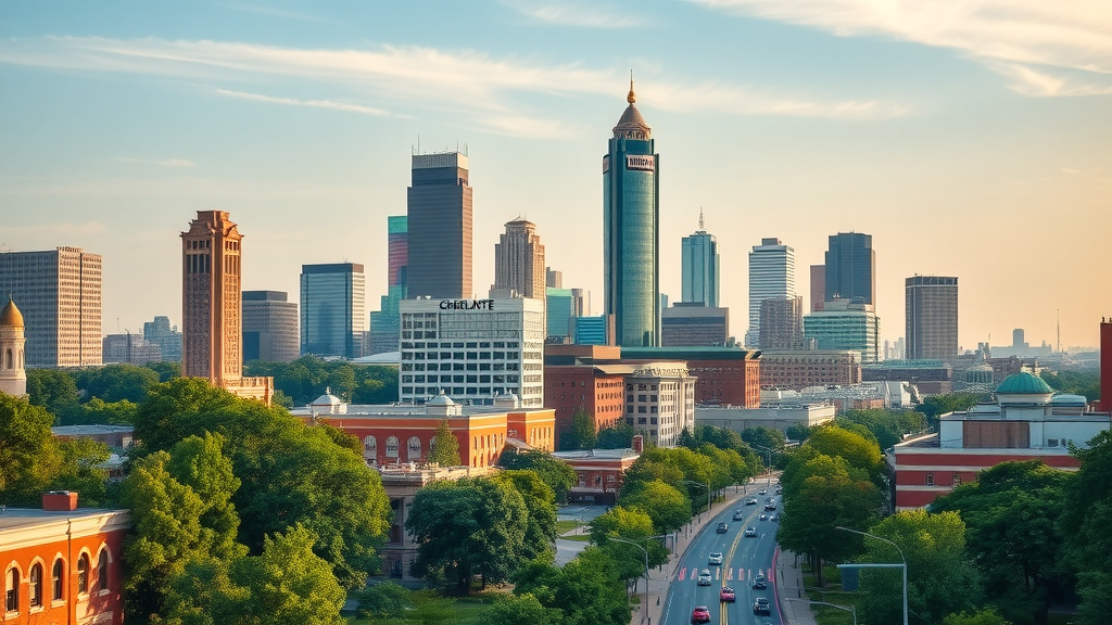 modern skyline of Charlotte, North Carolina with residential high-rises and tree-lined avenues - charlotte apartments for rent