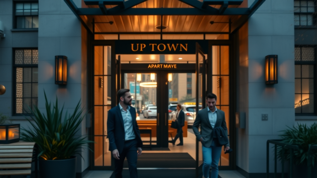 Stylish uptown apartment exterior with modern design, evening lights, young professionals, apartments in charlotte, skyline, photorealistic