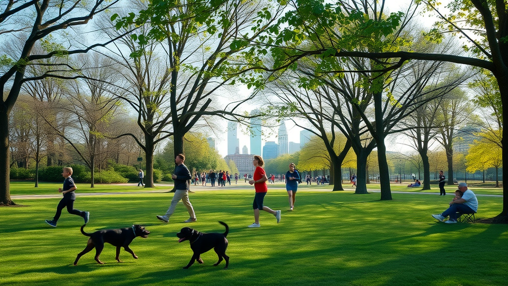 expansive city park in Charlotte, people jogging, walking dogs, families picnicking, tree-lined park background with skyline. Main keyword: green space in charlotte neighborhoods.