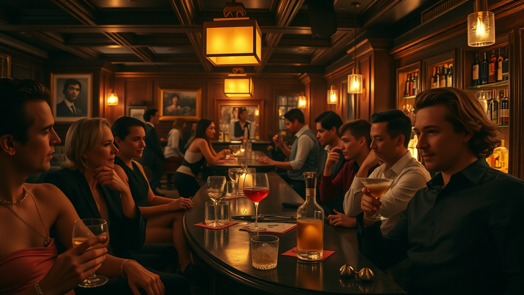 Charlotte speakeasy bar atmosphere with guests enjoying cocktails, speakeasy nightlife Charlotte