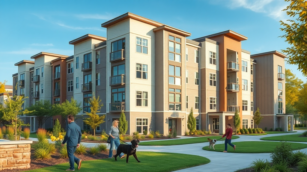 happy young family moving into a modern charlotte apartment, urban complex, smiling faces, excited unpacking boxes, warm colors, charlotte nc rental market trends, morning sun, photorealistic high fidelity lifelike