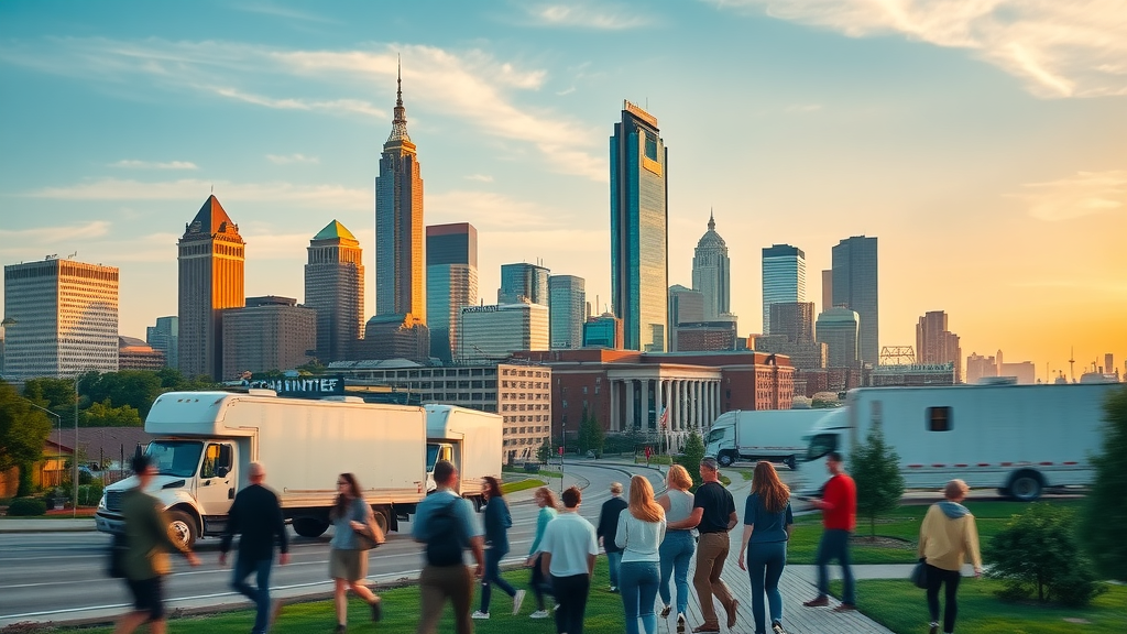 Dynamic Charlotte city skyline with diverse residents moving in, north carolina neighborhoods