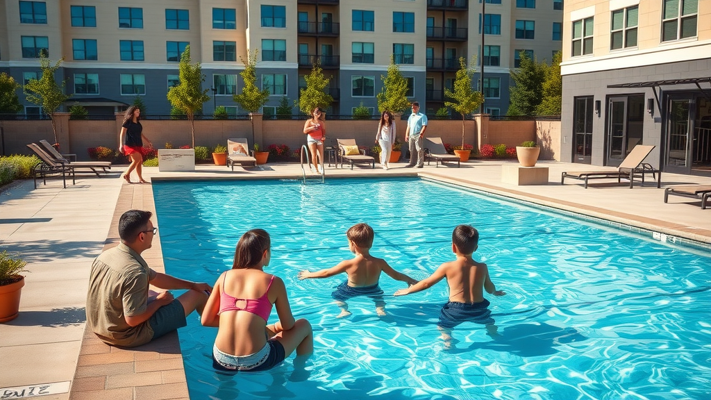 luxurious suburban apartment complex in Ballantyne, families and professionals by pool and garden, best neighborhoods for apartments in charlotte