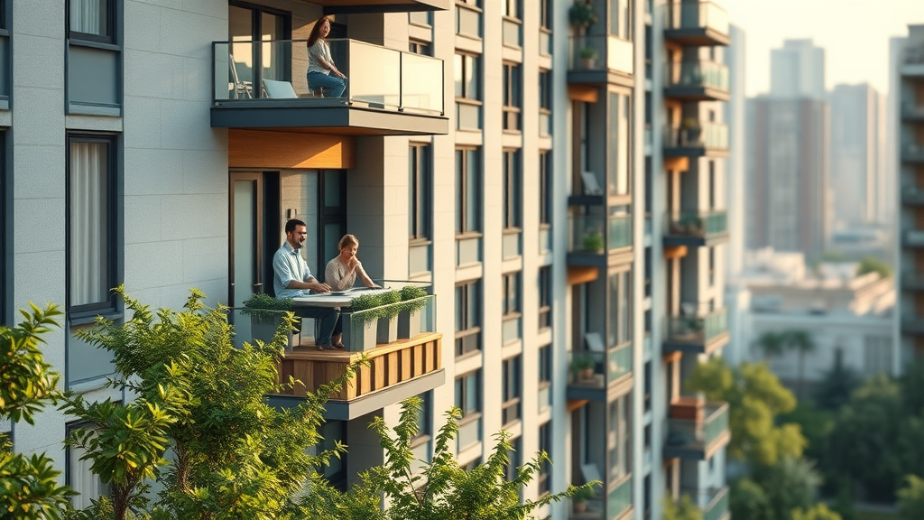 Modern Charlotte apartment building exterior with amenities like rooftop decks and happy residents
