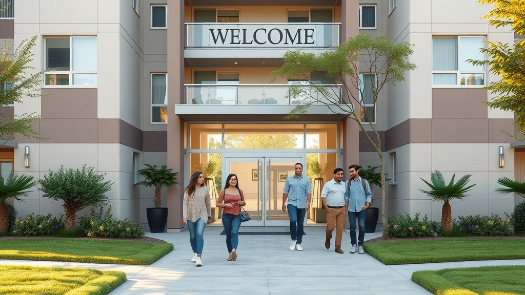 welcoming apartment complex entrance, modern architecture, families and individuals casually entering the building, Photorealistic High Fidelity Lifelike, background with manicured landscaping and clear walking paths, highly detailed, gently waving trees and soft shadows, 4K detail, neutral tones, bright morning lighting, shot with a 35mm lens