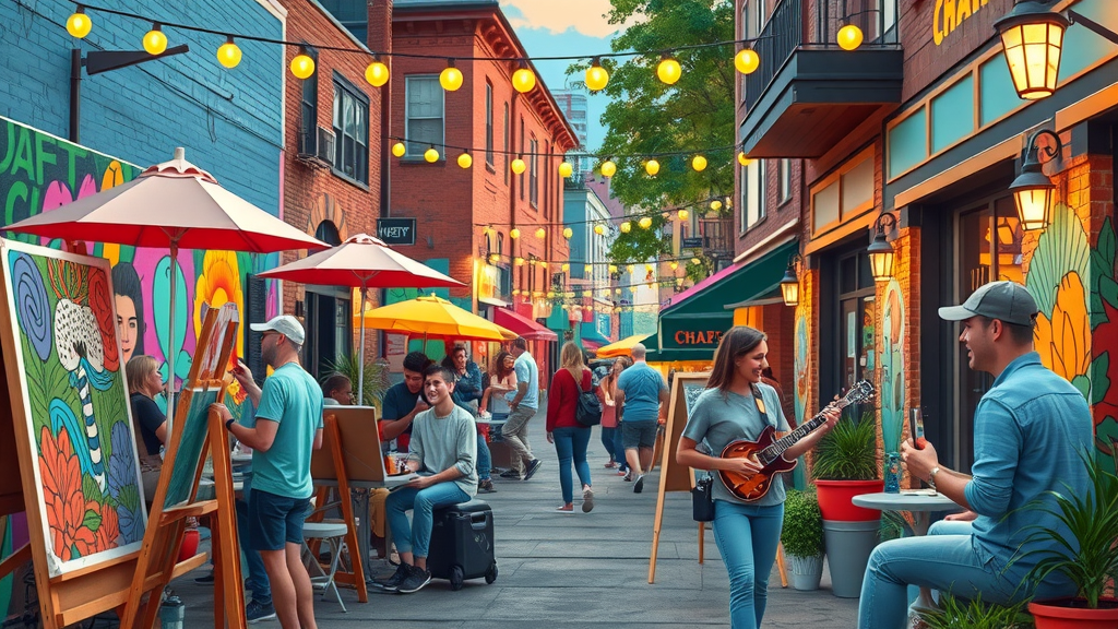 Colorful arts district with artists painting murals and lively cafes, plaza midwood charlotte nc neighborhoods