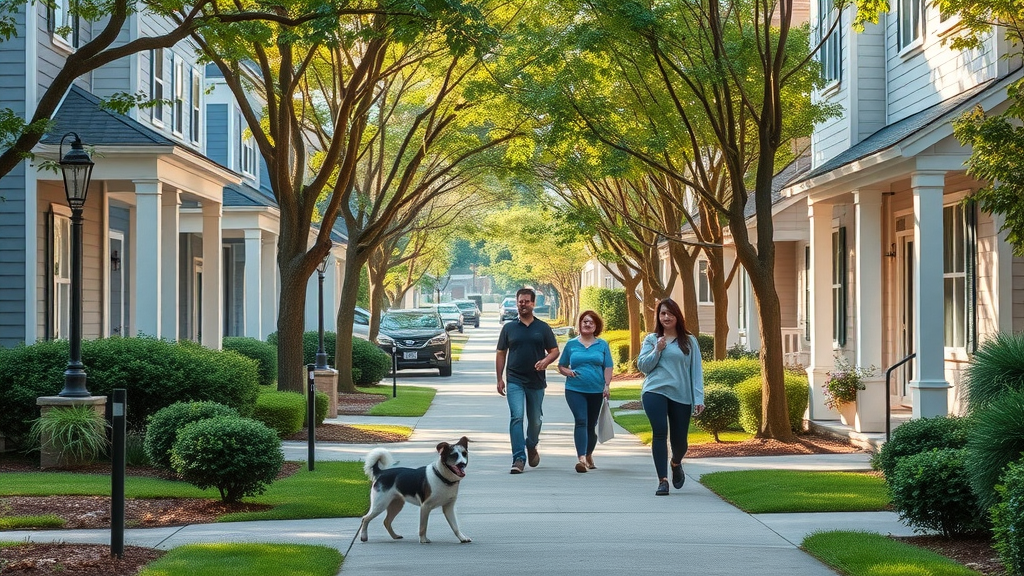 Modern Charlotte neighborhood with inviting, safe, real estate atmosphere, residents enjoying the place to live, well-lit streets and stylish homes – charlotte real estate safety