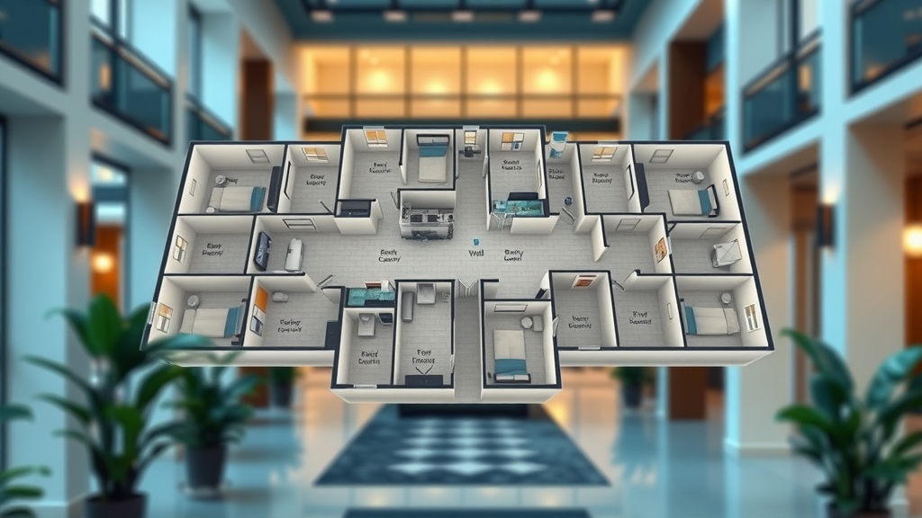 3D floor plan graphic of a modern Charlotte apartment complex highlighting spacious layout and various apartment types.