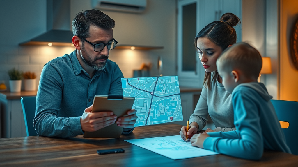 Focused parents with clipboard discussing neighborhood map at kitchen table, kids drawing beside, digital augmented reality map, family-friendly neighborhoods Charlotte.