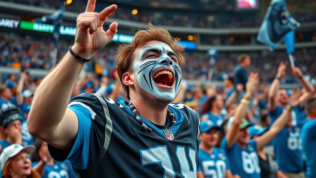 Energetic Carolina Panthers fan in Charlotte, stadium crowd, team colors - sports enthusiasm charlotte nc lifestyle