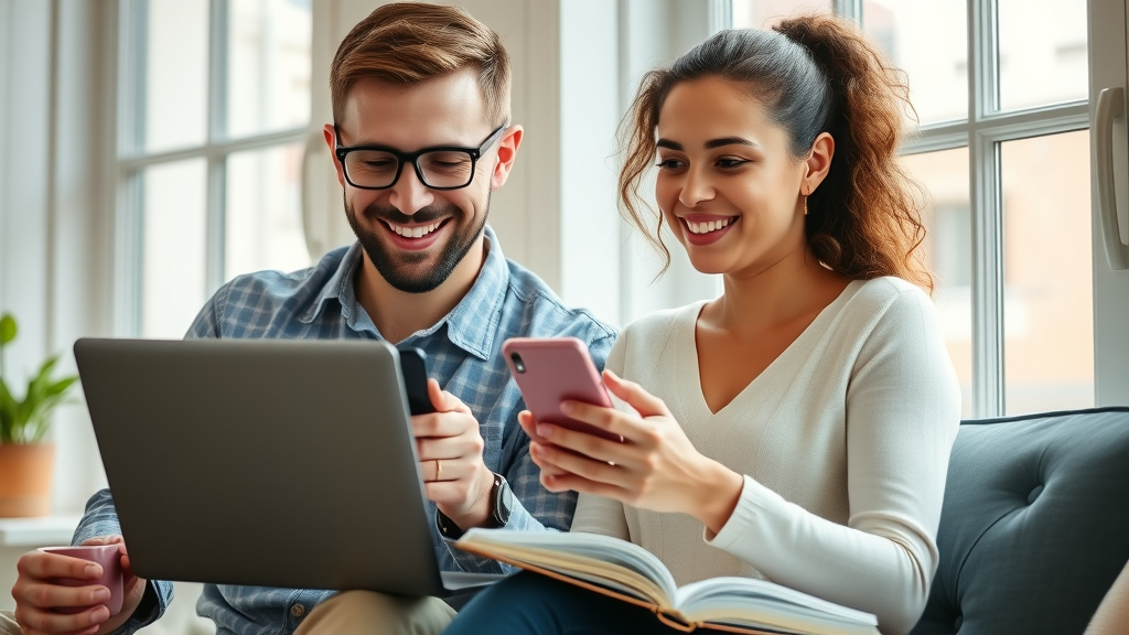young professional couple reviewing apartment listings online, cozy Charlotte home office, candid and lifelike scene, Queen City apartment search