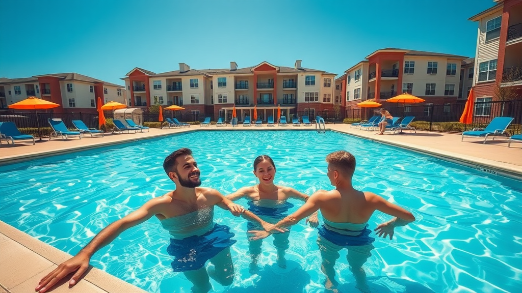 short-term rentals charlotte pool access travelers lounging vivid modern apartment complex with secure parking