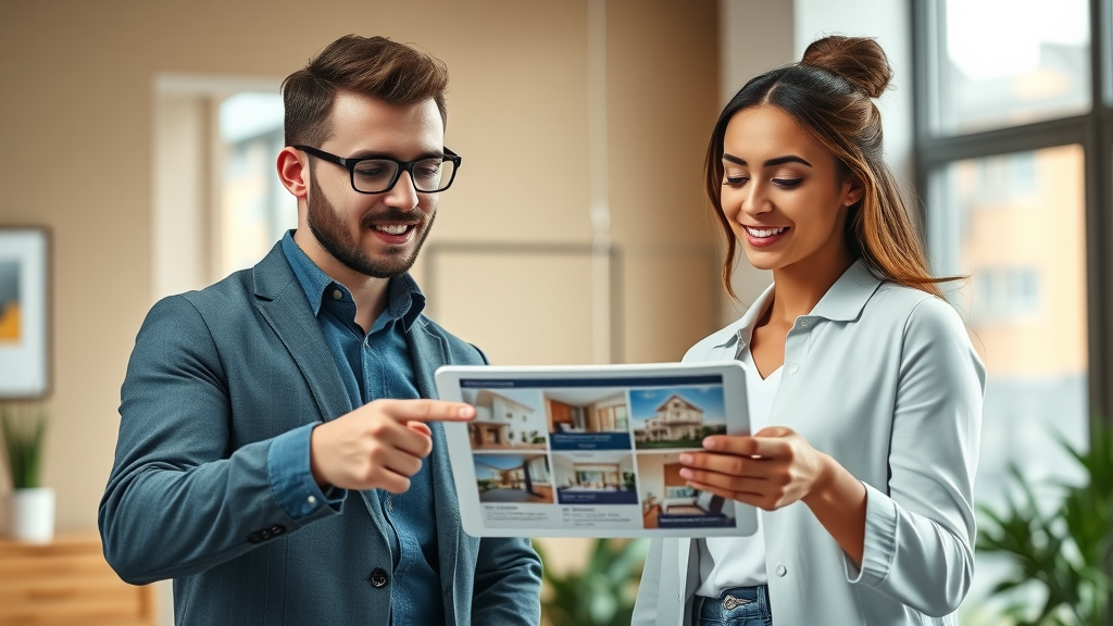 Young couple discussing charlotte nc apartment options with real estate agent, reviewing listings on tablet, modern office backdrop, upbeat expressions