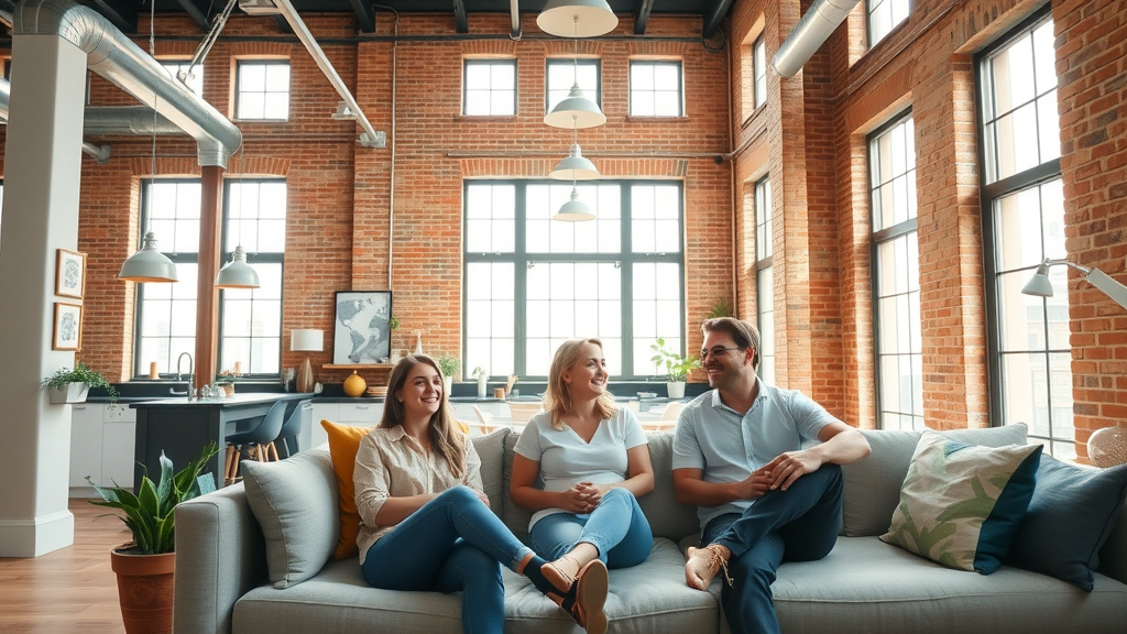 stylish Charlotte loft interior, open plan living with exposed brick walls, cheerful residents, natural light, modern amenities, loft apartment in charlotte