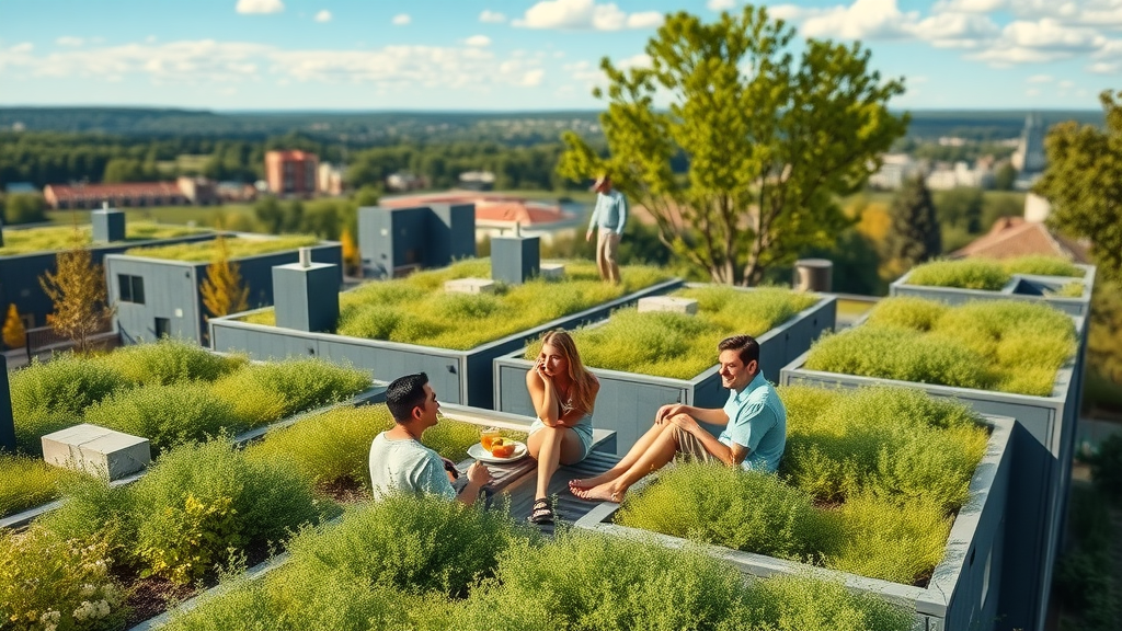 charlotte nc apartment listings eco-friendly apartment complex, lush green rooftops, sustainable architecture, Charlotte NC backdrop, morning sunlight