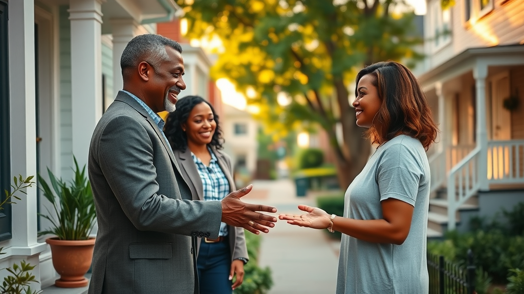 Welcoming real estate agent greeting a couple in a Charlotte neighborhood