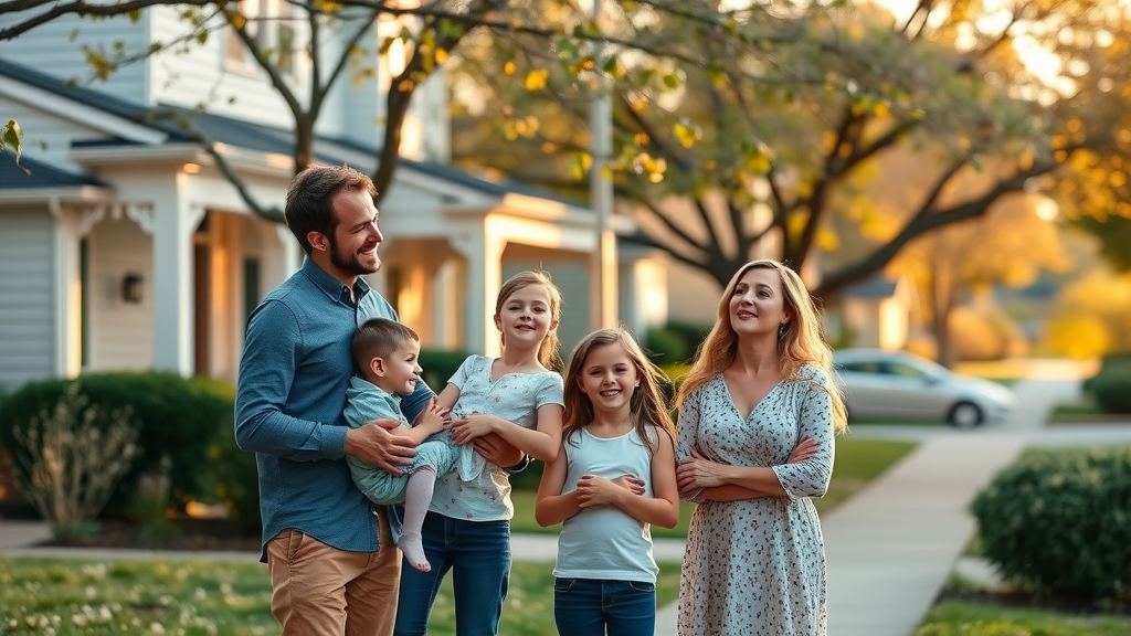 charlotte housing market suburban home family hopeful parents kids new house blooming trees - Img_Alt_Text: happy family outside suburban charlotte housing market new home blooming trees warm lighting