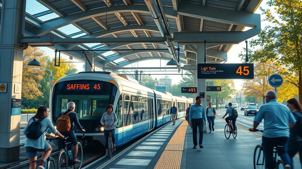 Charlotte light rail, safe and modern transit hub, people commuting near apartments