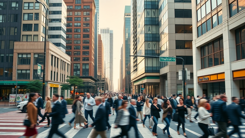Bustling Uptown Charlotte street scene, business district vibe, professionals and locals along Tryon Street. Financial district real estate charlotte.