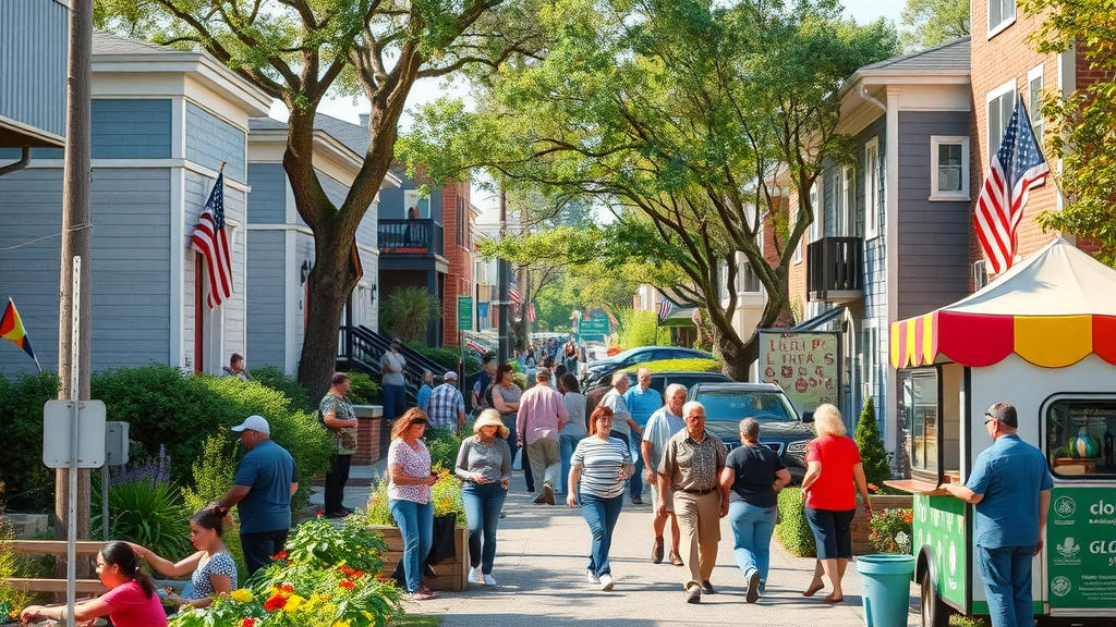 Diverse residential Charlotte street with families and global food trucks, east and south charlotte neighborhoods
