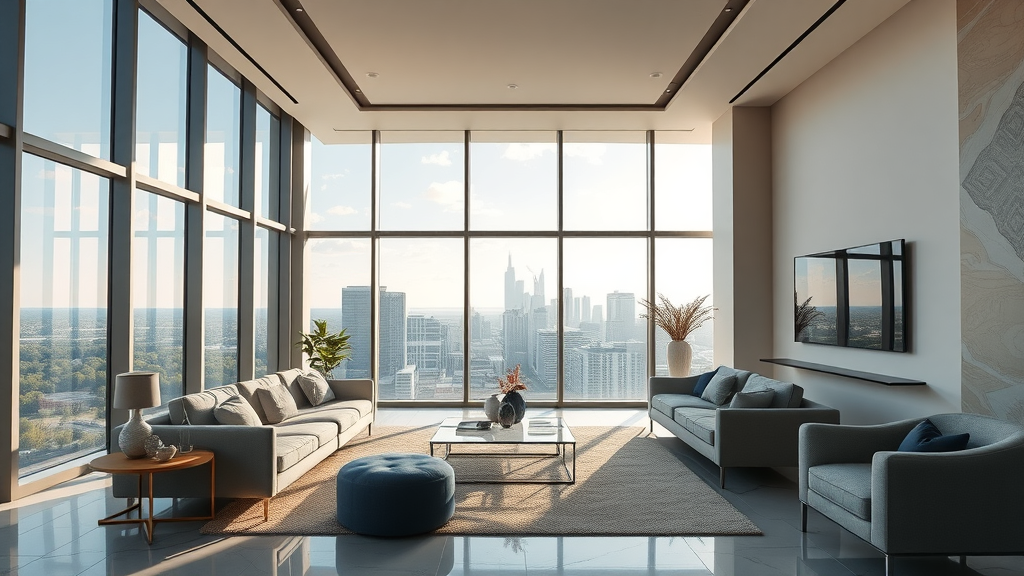 Luxurious modern living room with floor-to-ceiling windows overlooking Charlotte skyline, serene ambiance, upscale interior with plush furnishings
