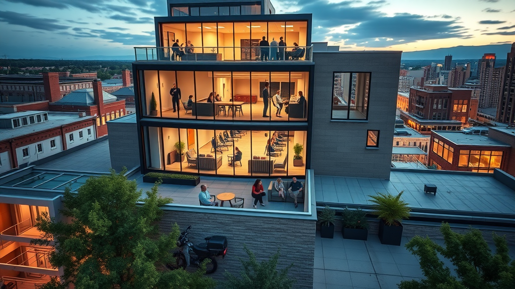 modern apartment building in Charlotte arts district, rooftop lounge, fitness center, skyline, welcoming community, stylish amenities