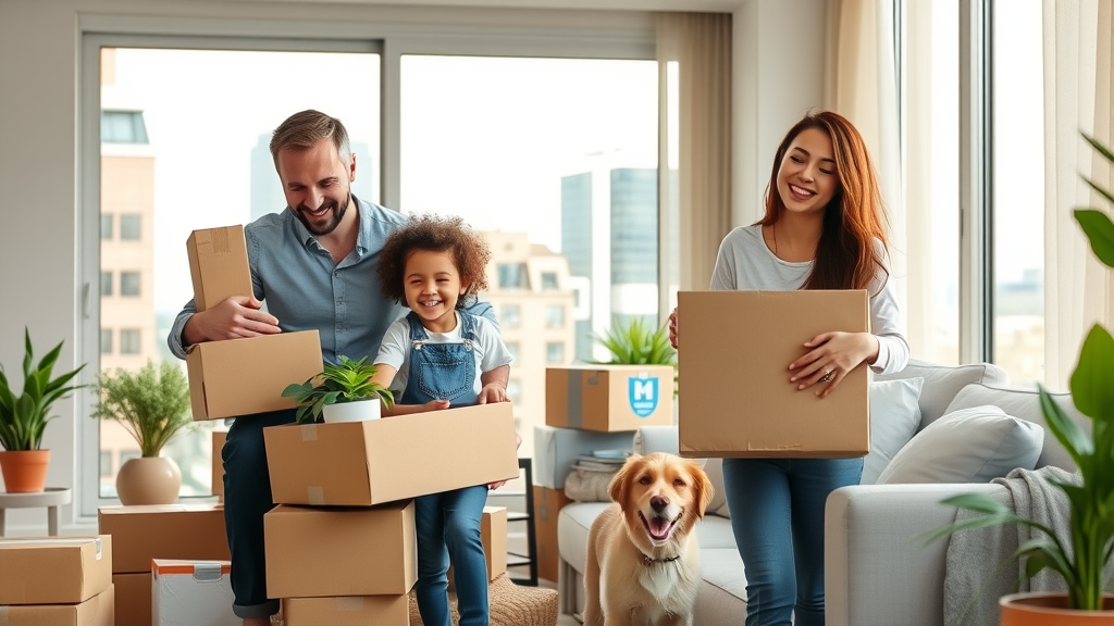happy family moving into new Charlotte apartment, apartment for rent, children, dog, photorealistic