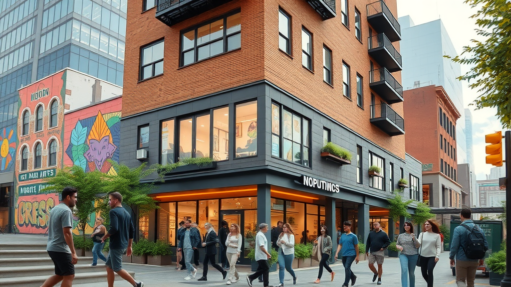 charlotte arts district apartment for rent exterior, modern building with vibrant NoDa streetlife, murals, and greenery
