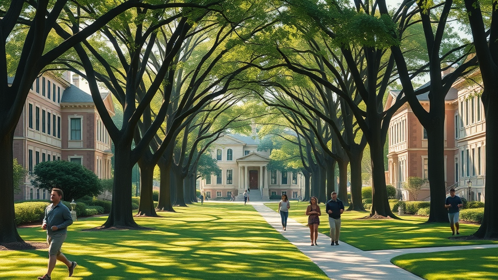 elegant tree-lined boulevard in Myers Park Charlotte NC urban living, historic homes, modern accents, relaxed families and joggers, stately architecture, lush green lawns