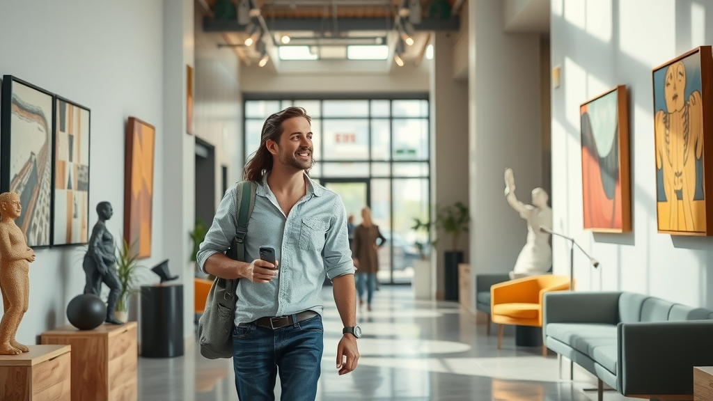 Touring couple examining art-inspired amenities in a modern, sunlit South End apartment lobby, showcasing Charlotte apartments near galleries.