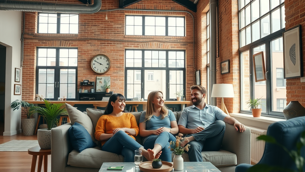 Modern apartment interior in arts district rental properties Charlotte with exposed brick, local artwork, sunny windows, and cheerful residents