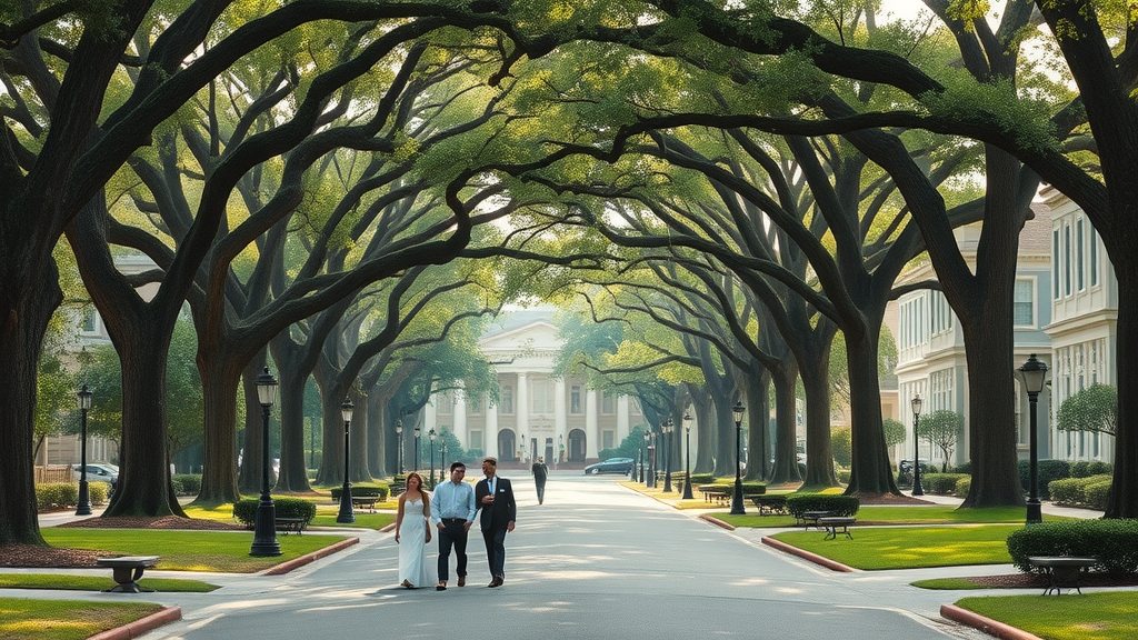 picturesque Myers Park street with oak trees, families strolling, myers park best neighborhoods for apartments in charlotte