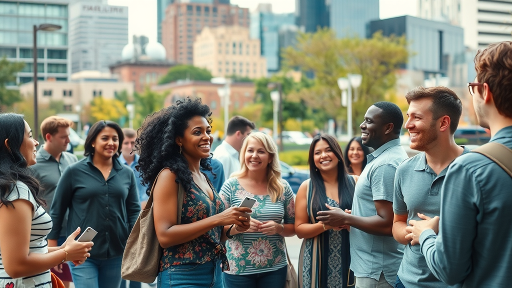 charlotte community guide: Vibrant cityscape of Charlotte with welcoming, diverse residents in an urban square, downtown skyline and urban greenery