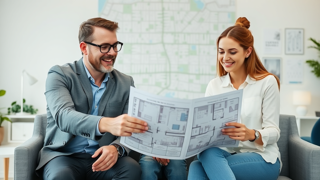 Real estate expert advising couple in Charlotte leasing office, apartment floor plans, friendly consultation.