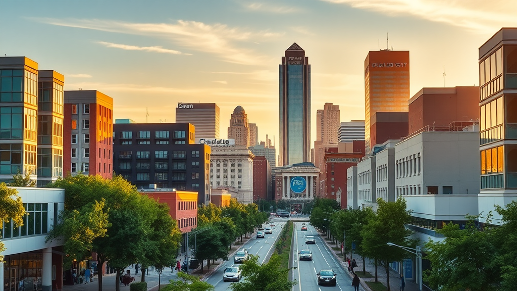 vibrant cityscape of downtown Charlotte showing modern apartment buildings, bustling streets, golden hour sunlight, and Queen City skyline