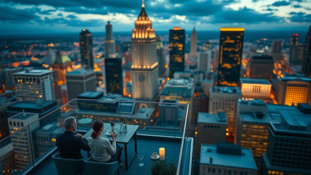 luxurious apartment high-rise in Uptown Charlotte, expensive neighborhoods in Charlotte, rooftop view, dramatic city lights