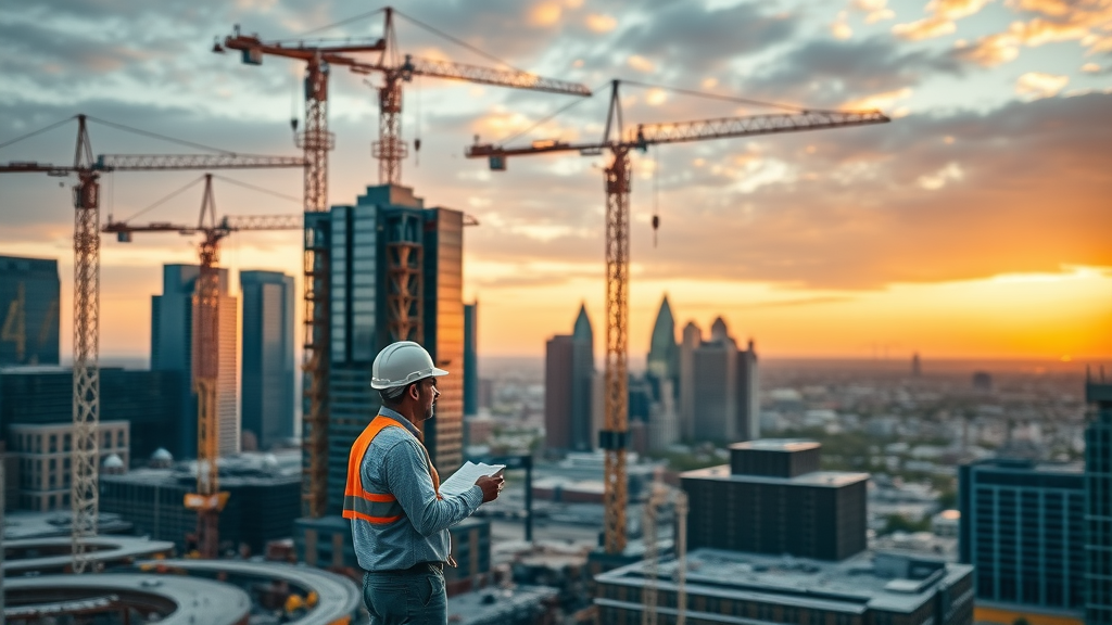 Dynamic construction and urban development site in Charlotte’s financial district, cranes, modern buildings, cityscape. Financial district real estate charlotte.