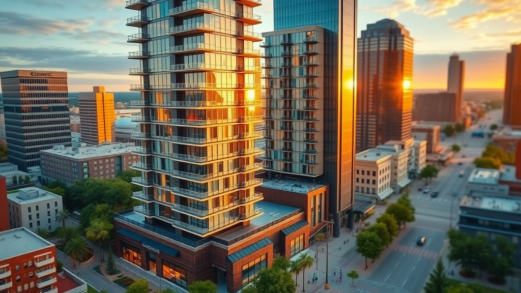 Modern high-rise residential buildings in Uptown Charlotte, sleek architecture, vibrant city background, charlotte rental neighborhoods